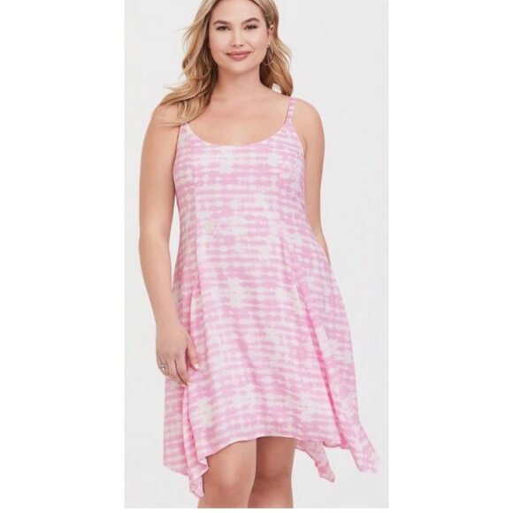 Torrid Pink Tie Dye Challis Handkerchief Dress Tie Back Sz 12/0 Scoop Neck Lined - Picture 1 of 11